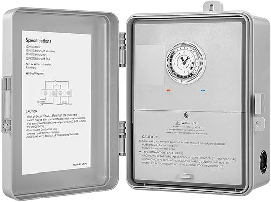 SURAIELEC Mechanical Pool Timer, 40 AMP 120V 2HP, 24 Hour Heavy Duty Timer Switch for Pool Pump, Spa, Landscape Lights, Water Heater, Simultaneously Controls Up to 2HP Devices, Outdoor Indoor Use