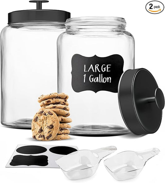 KooK Glass Storage Containers with Lids, Glass Jar with Lid, 1 Gallon, Set of 2, Glass Canister, Storage, Laundry, Kitchen Jar, (Circular, Black)