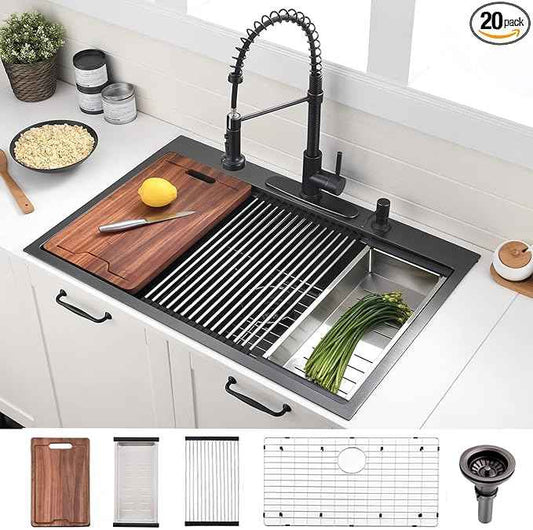 30 Inch Black Drop in Kitchen Sink Workstation -VOKIM 30 x 22 - Inch Drop in sink 16 Gage Stainless Steel TopMount sink Single Bowl 10'' Deep Kitchen Sink with Cutting Board