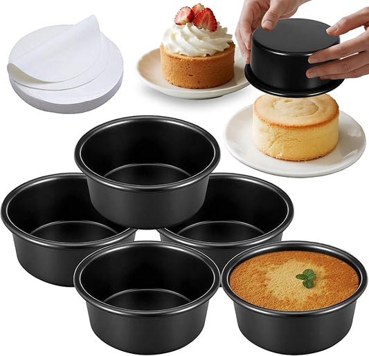 4 Inch Cake Pan Set of 5, Nonstick Cheesecake Round Cake Pans with 100 Pieces Parchment Paper, Mini Cake Tins for Baking, Non-Toxic & Leakproof Circle Cake Pan, Aluminum Material Food Grade Coating