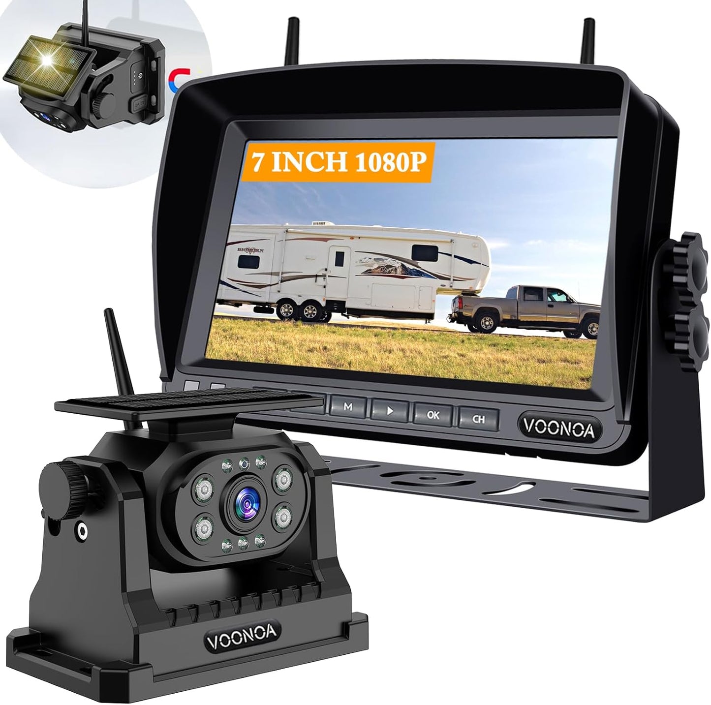 Wireless Magnetic Backup Camera, 9600mAh Battery Powered Rechargeable Waterproof HD Solar Back Up Rear View Bluetooth Hitch Camera with 7 Inch 1080P Monitor System for Car Truck Trailer RV VN003