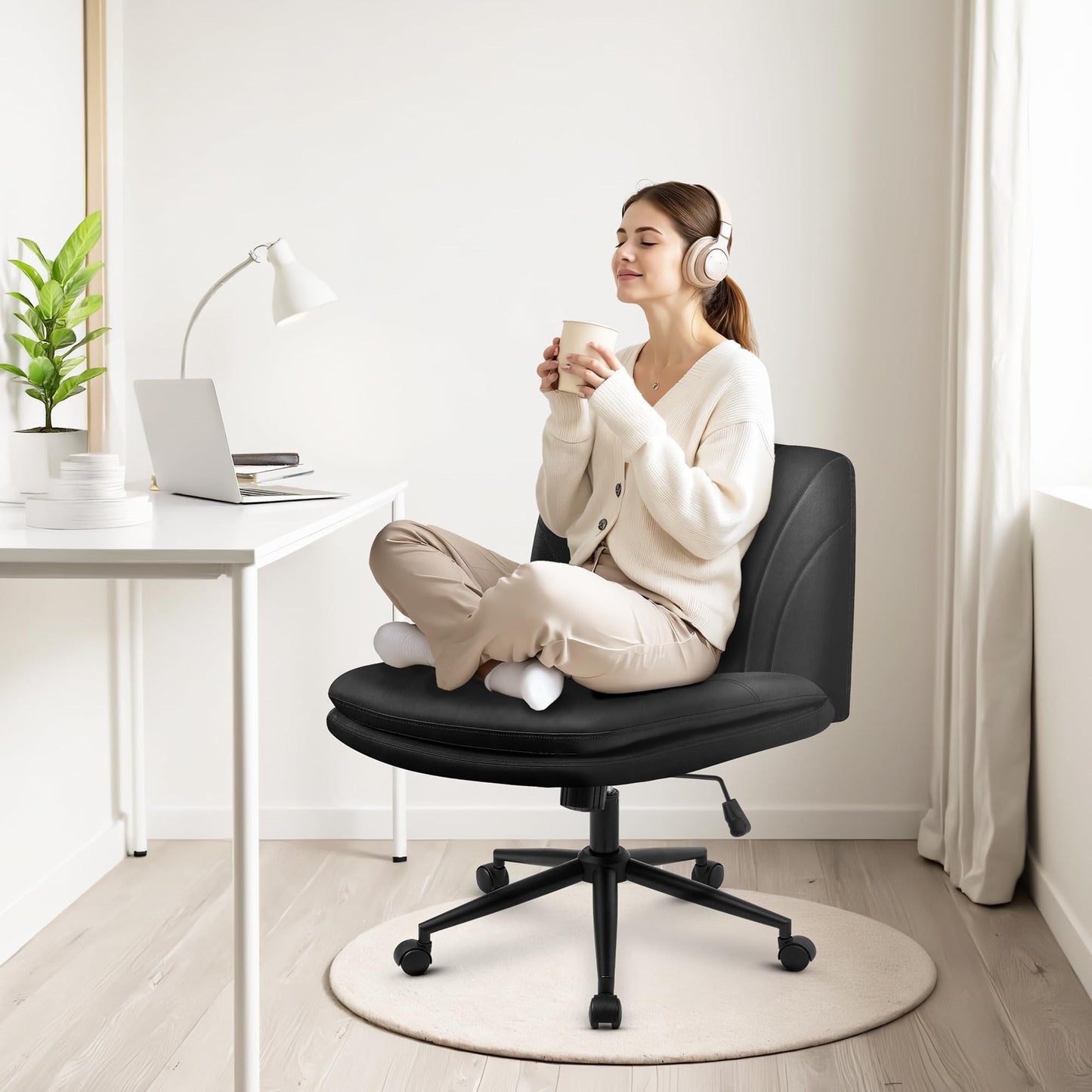 Orange Factory Criss Cross Chair with Wheels Comfy Wide Vanity Desk Chair Dual Base Leather Armless Adjustable Swivel for Home Computer Task (Black)