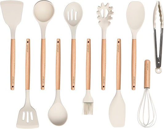 11-Piece Silicone Kitchen Utensils Set with Non Toxic Spatula, Tongs, Whisk, Turner & Ladle – Heat Resistant, Non-Scratch Cooking Tools with Wooden Handles, BPA-Free, Dishwasher Safe (Beige)