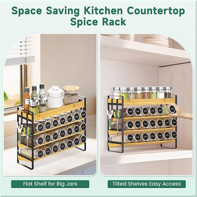 EsLuker.ly Spice Seasoning Rack Organizer Kitchen Countertop, 4 Tier Bamboo Spice Shelf Holder Storage with 4 Hooks, Wall Mounted Freestanding Stand for Pantry, Quick Spice Access(Jars Not Included)