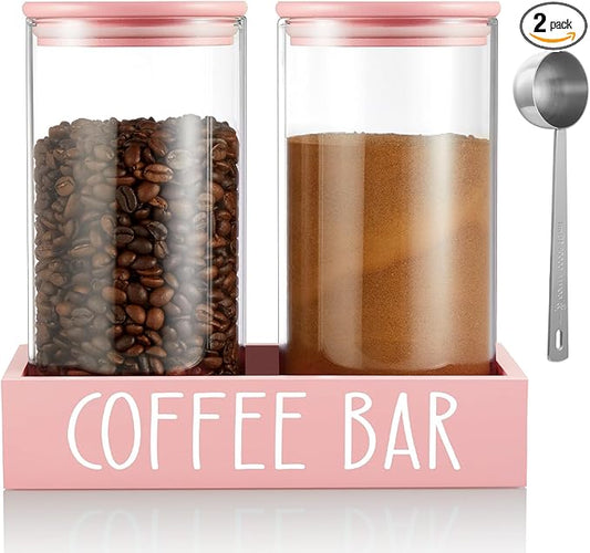 Pink Coffee Canister for Ground Coffee - 2 Pack 45oz Glass Coffee and Sugar Container Set with Airtight Lids and Tray - Pink Coffee Bean Storage Jars for Coffee Bar Kitchen Decor and Accessories
