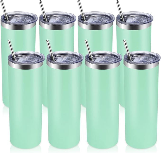 Volhoply 8 Pack Skinny Tumblers with Lid and Straw, 20oz Stainless Steel Straight Tumbler Bulk, Vacuum Insulated Coffee Mug for Home, Office, Travel, DIY (Mint,8 Pack)