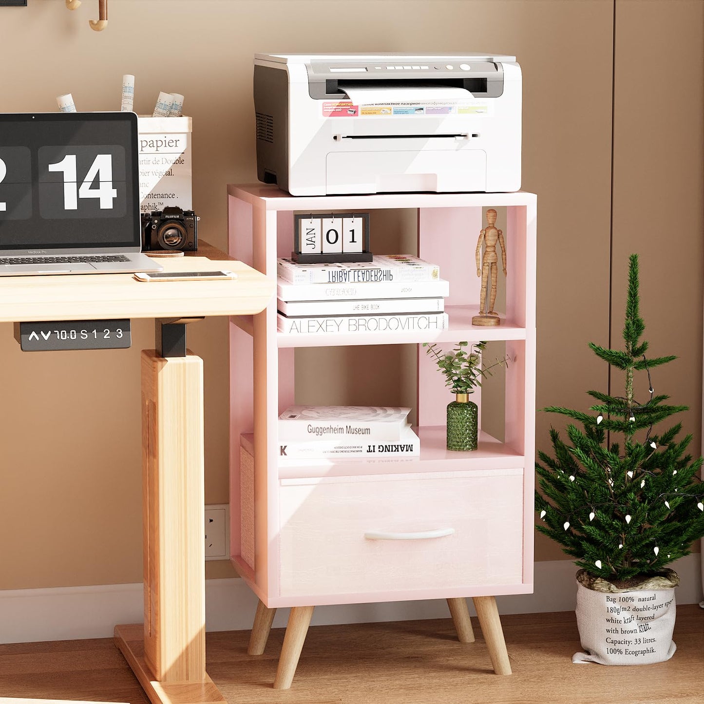 Aenuert Night Stand, Pink Kids Nightstand with Drawer, Nursery Side Table with Open Storage, 3-Tier Modern End Table, Bedside Table for Small Space, Living Room, Bedroom