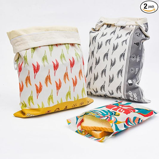 2 PCS Bread Bag - Reusable Beeswax Bread Bags,with Beeswax Lining,with Sealed Zipper Lining,Double Locking,Keep Food Fresh - Freezer Storage Bags for Baking enthusiasts Lovers