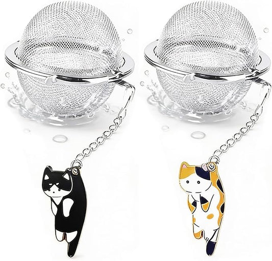 Cat Tea Infuser, 2 Pcs Cute Tea Diffuser Stainless Steel Mesh Loose Leaf Tea Infusers Tea Ball Strainers with Cat Pendants (Black&Orange Cats)