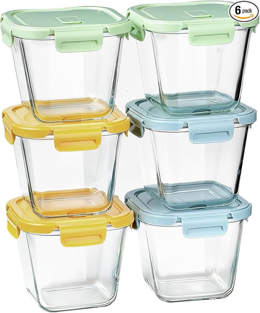 Glass Soup Containers with Lids 32oz - Borosilicate Glass Storage Containers 4 Cup, Freezer to Microwave Safe, Airtight Leak Proof, Square Meal Prep Containers for Lunch Travel- 6 Pack