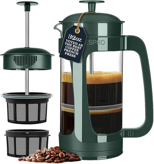 ESPRO Light P3 French Press Coffee Maker – Patented Double Micro-Filter for Grit-Free Brew, Heat Resistant thicker Borosilicate Glass Coffee press – (Green - 32 oz)