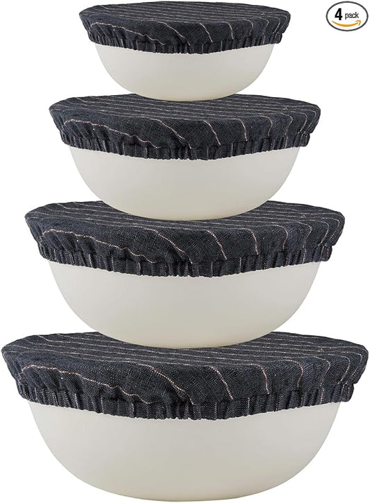 100% Pure Linen Bowl Covers For Bread Proofing, 4 Pcs Elastic Reusable Bowl Covers Large Ticking Striped Cloth Fabric Stretch Sourdough Lids, 6 * 8 * 10 * 12 Inches- Deep Blue