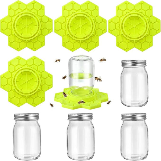 4 Pack Bee Feeder for Mason Jar Bee Watering Station Garden Silicone Sugar Water Feeder Beekeeping Drinking Equipment Tools with Mason Jars for Drinking Water(Yellow,Flower)