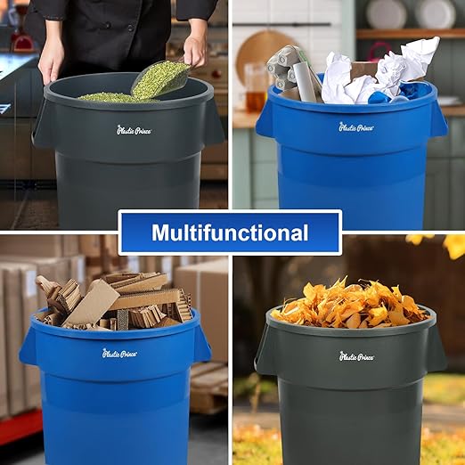PLASTIC PRINCE 44 Gallon Round Trash Can with Lid and Dolly Blue Plastic Commercial Garbage Container for Home Garage Restaurants Warehouses - Bundle