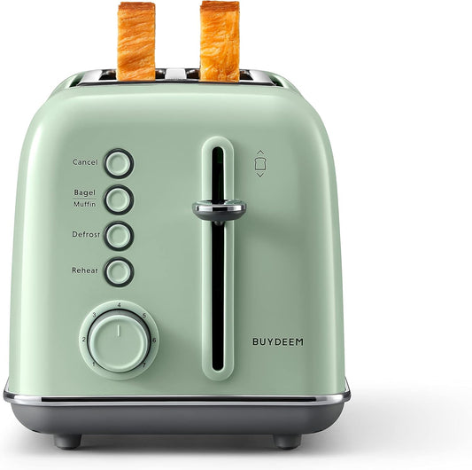 BUYDEEM DT620 2-Slice Toaster, Extra Wide Slots, Retro Stainless Steel with High Lift Lever, Bagel and Muffin Function, Removal Crumb Tray, 7-Shade Settings,Cozy Greenish