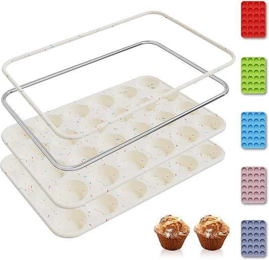 Socisen 2 Pack 24 Cups Silicone Mini Muffin Pan with Metal Reinforced Frame Silicone Molds Cupcake Cake Baking Cheesecake Pans Cookie Baking Chocoflan Cupcake Mold Mini Bundt Cake Pan Women Gift