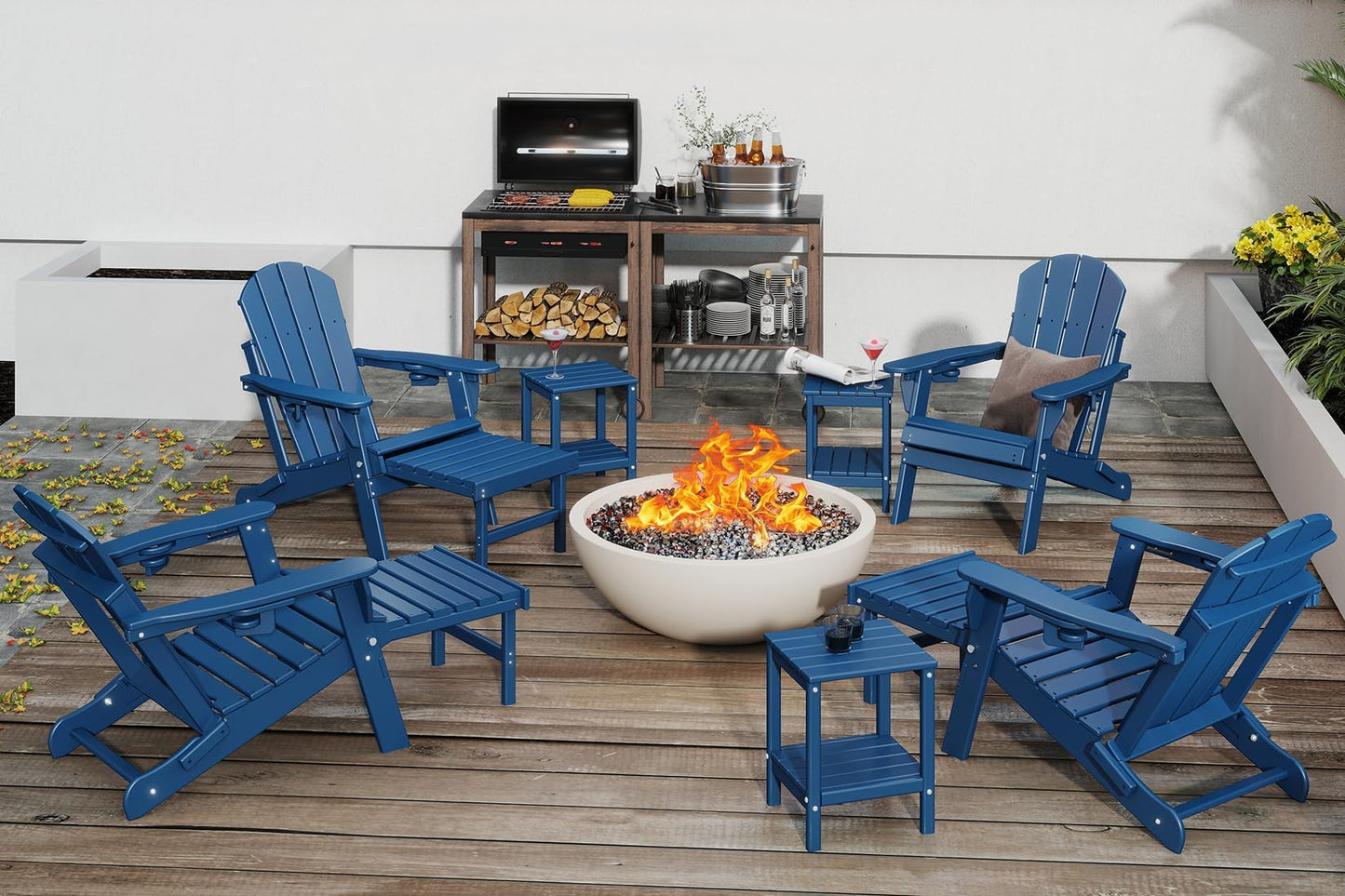 GREENVINES Adjustable Adirondack Chair with Retractable Ottoman Set of 2 | Folding | HDPE Plastic | Fire Pit Chairs w/Foot Rest | 2 Cup Holders | Blue | for Outdoor Patio Poolside Deck