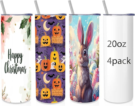 Volhoply 4 Pack Skinny Sublimation Tumblers with Lid and Straw, 20oz Stainless Steel Straight Tumbler Bulk, Vacuum Insulated Coffee Mug for Home, Office, Travel, DIY (Sublimation,4 Pack)