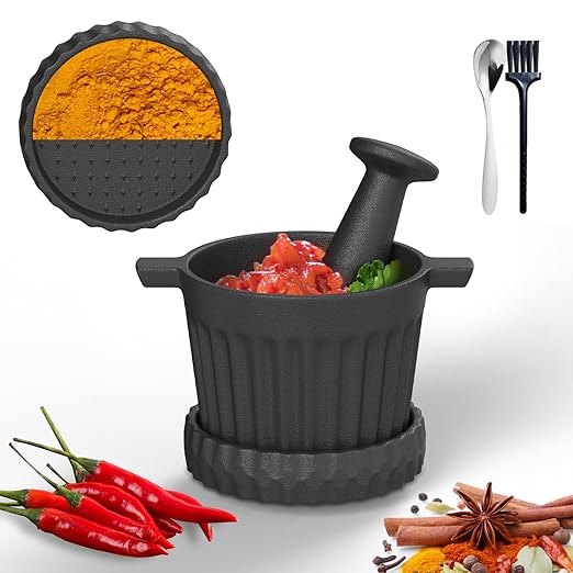 Cast Iron Mortar and Pestle & Garlic Grater Plate Set, Guacamole Bowl and Masher with Bonus Brush/Spoon, Small Mortar and Pestle Set 3-in-1 Crushing Smasher for Kitchen Spices and Pesto