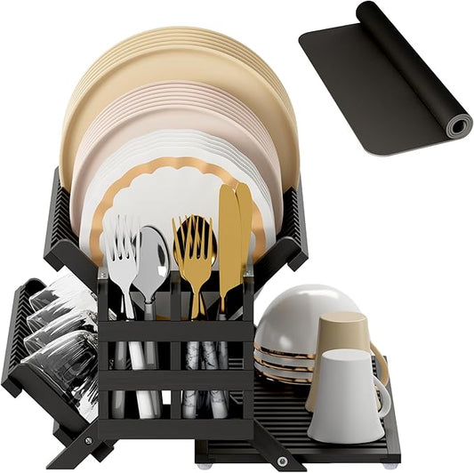 Greenual Black Bamboo Dish Drying Rack with Utensil Holder, 3 Tier Collapsible Dish Rack, Wooden Dish Racks for Kitchen Counter, Large Folding Drying Holder with Absorbent Dish Drying Mat