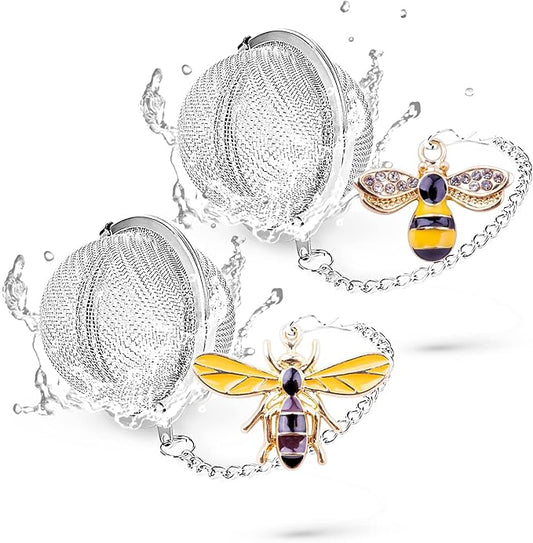 TeaSanavie Handmade Tea Ball Infusers - 2pcs, Honey Bee Strainers with Bee Charm Pendant for Loose Leaf Tea