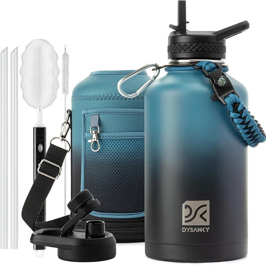 DYSANKY 64 oz Insulated Water Bottle | Thickened Stainless Steel Water Jug for Gym and Hiking with Straw, Carrier Bag, Handle Strap | BPA-Free 64 oz