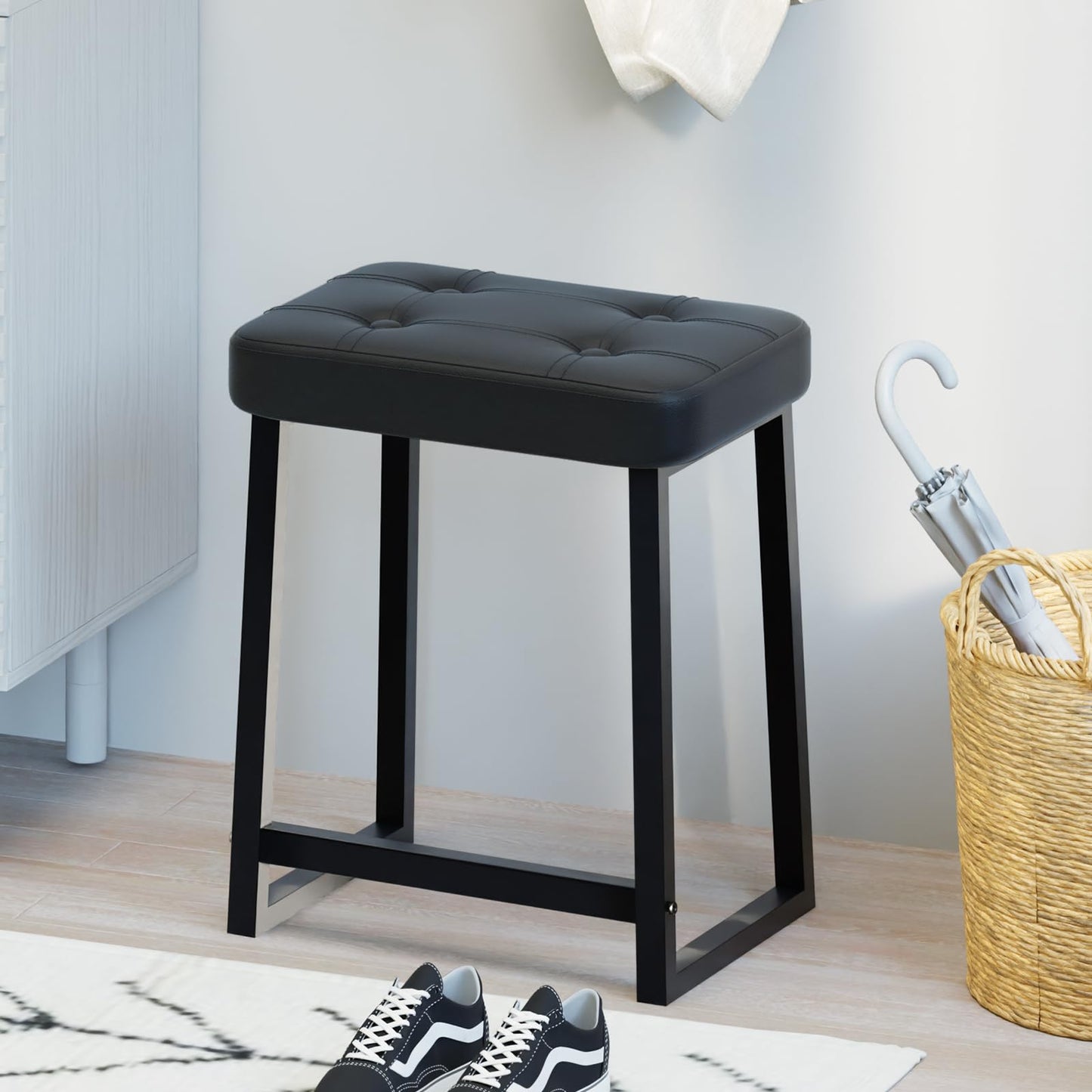 iTsst Vanity Stool Chair, Makeup Stool for Vanity,Small Ottoman Footrest for Bathroom, Bedroom, Living Room, Entryway, Offices，Leather &Metal Legs with Anti-Slip Feet, Black