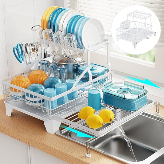 GSlife Large 2 Tier Dish Drying Rack, Expandable Heavy-Duty Dish Rack for Kitchen Counter, Rust-Resistant Dish Drainer with Utensil & Cup Holder, Auto-Drain, 16.9" W x 14.4"-22.4" L, White