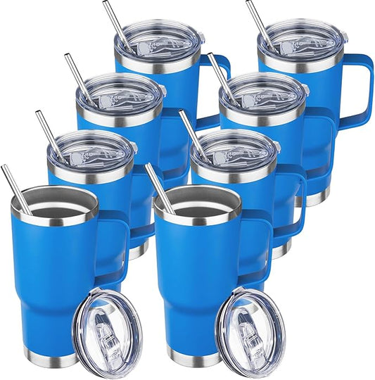 20 oz Tumbler with Handle Stainless Steel Insulated Coffee Tumbler with Lid and Straw Double Wall Vacuum Insulated Coffee Mug Leak Proof Travel Mug Tumbler for Hot and Cold Drink (Sea Blue,8pack)