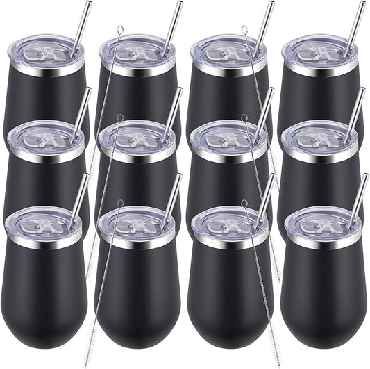 MEWAY 12oz/12 Pack Wine Tumbler Glasses with Lid - Stemless Double Wall Vacuum Stainless Steel Tumblers Keeping Cold & Hot for Wine - Family and Gifts, Ideal for Travel and Office(Black,Set of 12)