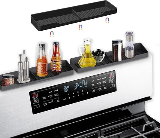 15 Inch Magnetic Silicone Stove Top Shelf, Heat Resistant Spice Rack for Kitchen, Space Saving Organizer with 3 Sticky Pads, Fits Back of Stove (Black, 15 Inch)