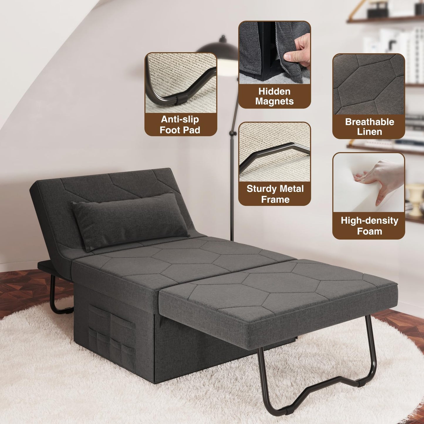 4 in 1 Sleeper Chair, Convertible Sleeper Sofa with Ottoman, Ottoman Bed for Adults, Sofa Bed with Adjustable Backrest for Living Room Apartment Office, Dark Grey