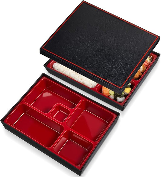 Teenyyou 2 Pcs 12 x 9.5 x 2.2 Inch Japanese Bento Box 5 Compartments Divided Lunch Box with Greaseproof Adult Japanese Bento Lunch Container Sushi Home Restaurant