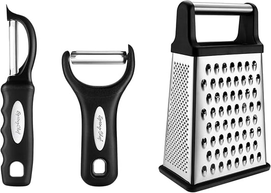 Spring Chef Swivel Vegetable Peeler & Y Peeler with Sharp Stainless Steel Blades & Professional XL Cheese Box Grater - 3 Product Bundle - Black