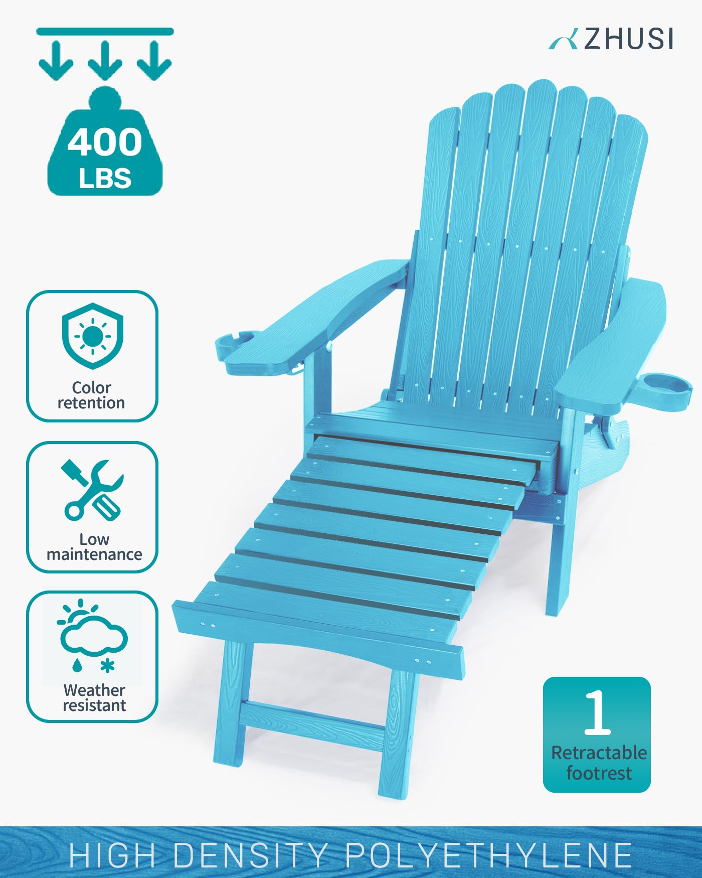 ZHUSI Folding Adirondack Chairs Set of 2 with Retractable Ottoman, Adjustable Adirondack Chair with 2 Cup Holders, Outdoor Chairs for Porch Patio Lawn Balcony Weather Resistant, Lake Blue