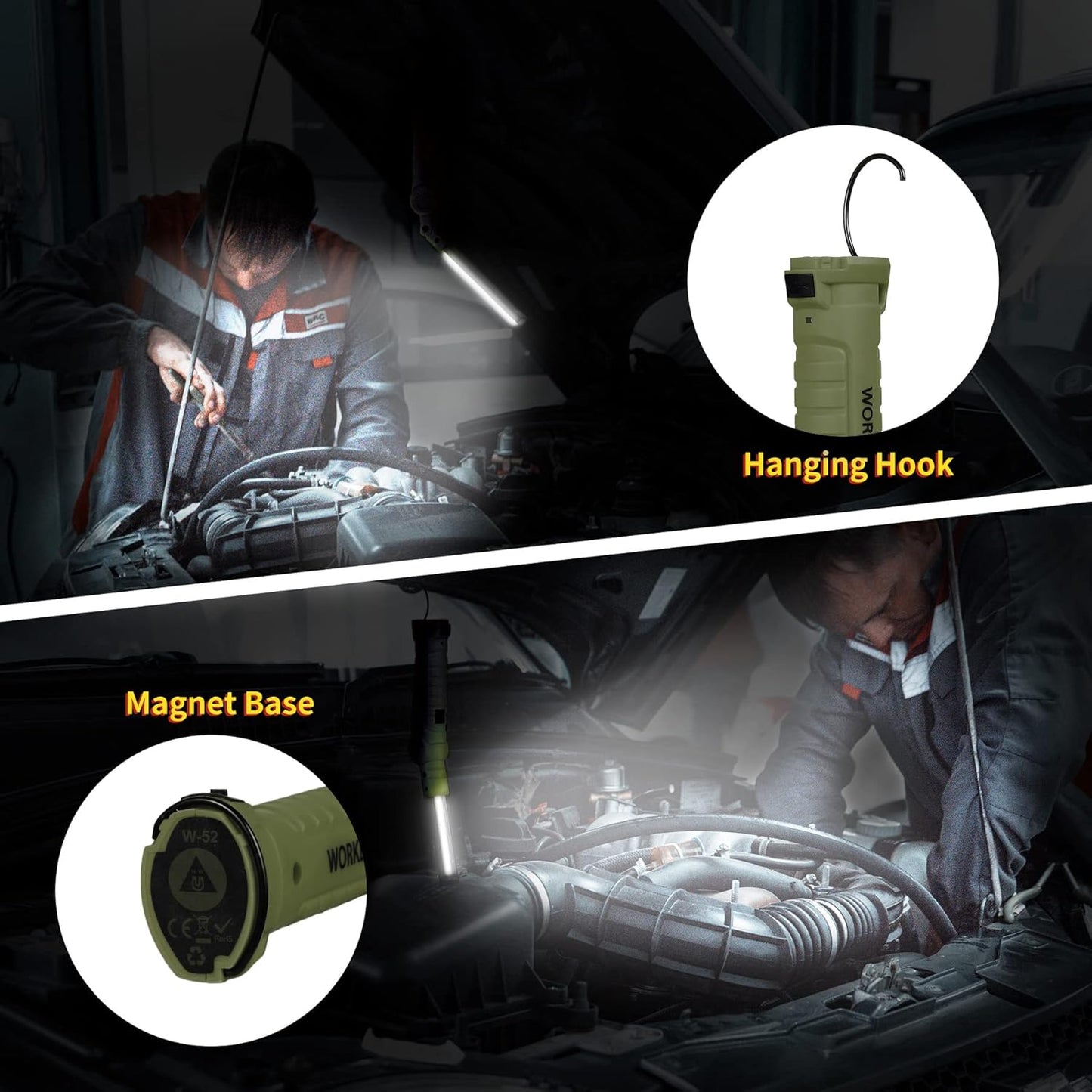 Suranew LED Worklight Flashlight, COB Rechargeable Work Lights with Magnetic Base 360 Degree Rotate and 5 Modes Portable Flood Light Inspection Construction Light for Car Repair (Army Green, 2 Pack)