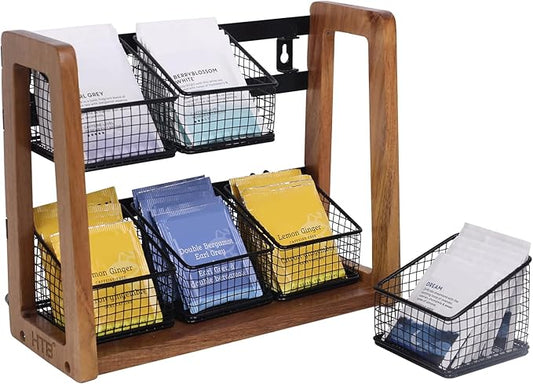 HTB 2 Tier Tea Organizer for Tea Bags, Tea Bag Holder with Acacia Wood Stand and 6 Removable Metal Basket for Sugar Packets, Sweeteners, Creamers for Cabinet, Countertop or Wall-mounted