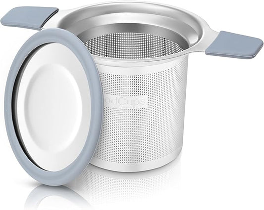 Stainless Steel Tea Infuser for Loose Leaf Tea – Extra Fine Mesh Strainer with Heat Proof Double Handles & Lid, Reusable Filter Fits Mugs, Cups & Teapots, Gray