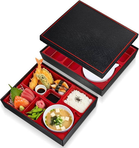 Teenyyou 2 Pcs 12 x 9.5 x 2.2 Inch Japanese Bento Box 6 Compartments and Bowl Divided Lunch Box with Greaseproof Adult Japanese Bento Lunch Container Sushi Home Restaurant