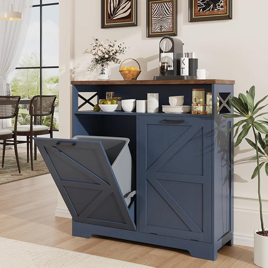 Double Tilt Out Trash Can Cabinet for 13 * 2 Gallon Trash Can, Farmhouse Kitchen Island Cabinet with Adjustable Shelf for Hidden Laundry Basket, Dog Proof Garbage Can for Dining Living Room, Blue