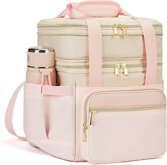 holuxer Insulated Lunch Bag & Lunch Box for Women - Double Deck Reusable Lunch Bag for men Tote Cooler Bag Leakproof Soft Expandable - Large Lunchbox for Work/Adult/Picnic/Outdoor (Pink，15L)