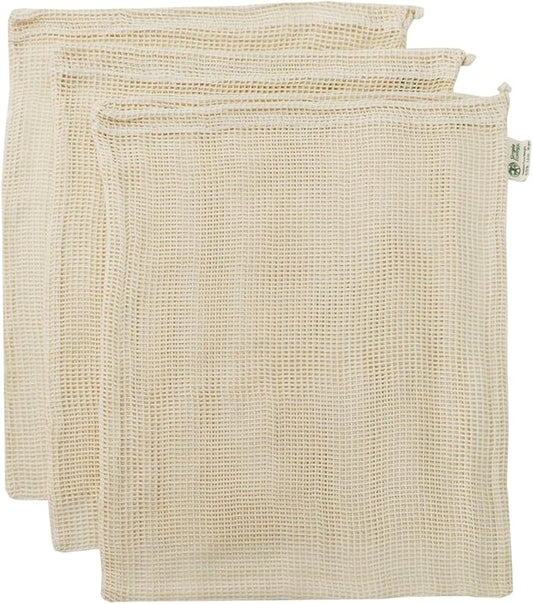 Simple Ecology Reusable Produce Shopping and Storage Bags, Drawstring, Washable Organic Cotton Mesh, X Large 3 pack