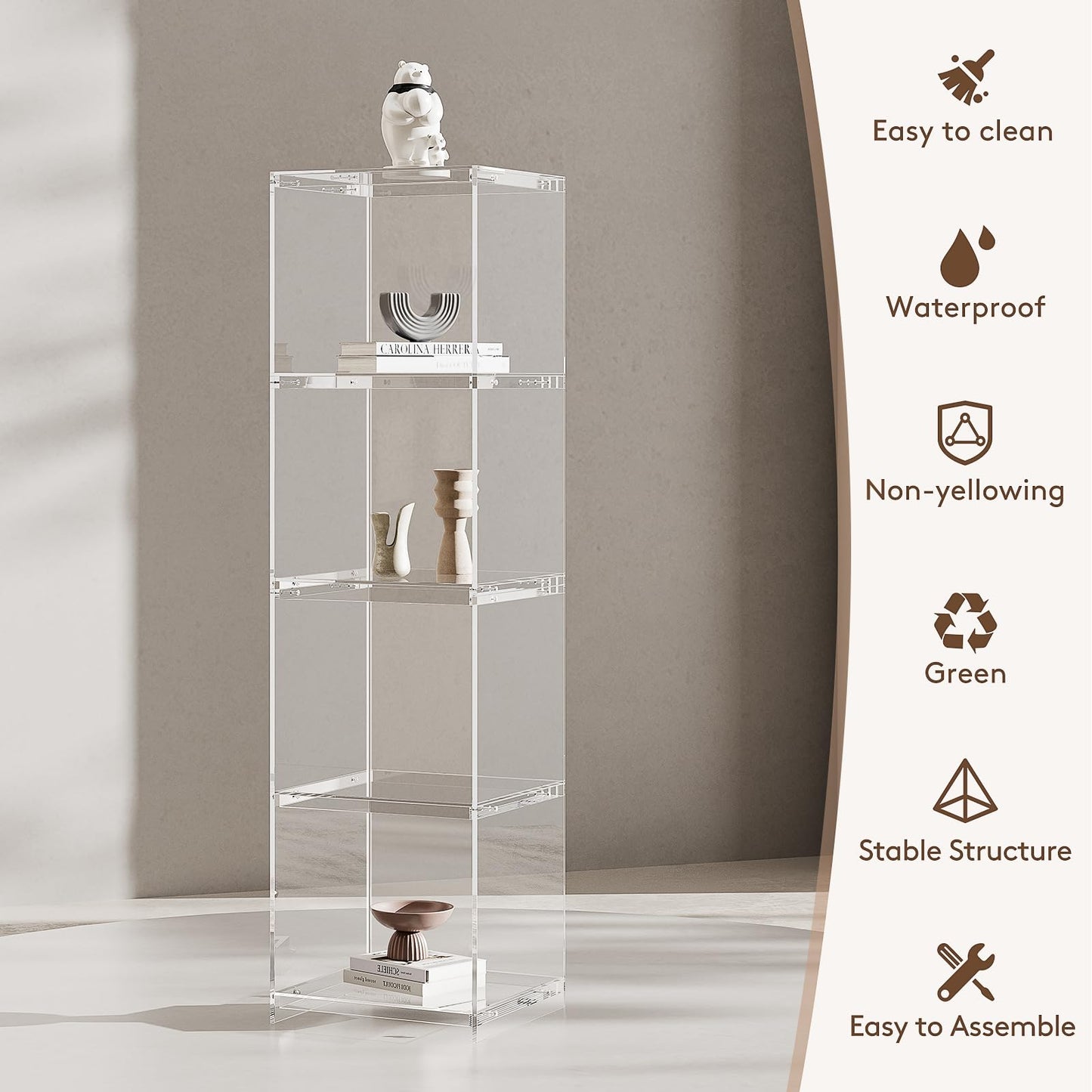 Acrylic Display Cabinet, 4-Tier Display Case in Bedroom, Living Room, Playroom, Modern Style (16" D x 16" W x 62" H)