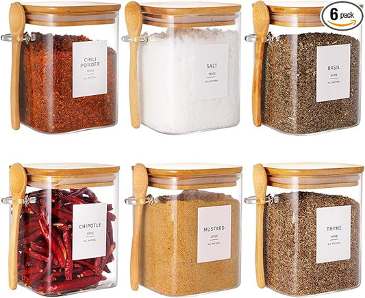 HHMJSM 6 Pcs Square Glass Jar with Bamboo Lid and Spoon - 27 oz Large Sugar Container with 148 Kitchen Pantry Spice Jar Labels Preprinted - Glass Containers with Wooden Lids Hold Coffee, Tea, Candy