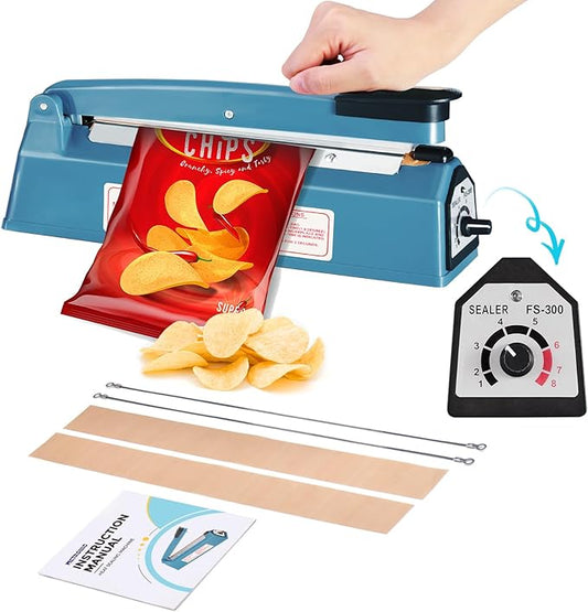 METRONIC 12 Inch Impulse Heat Sealer, Manual Bags Sealer Heat Sealing Machine Impulse, Sealer Machine for Plastic Bags PE PP Bags with Extra Replace Element Grip