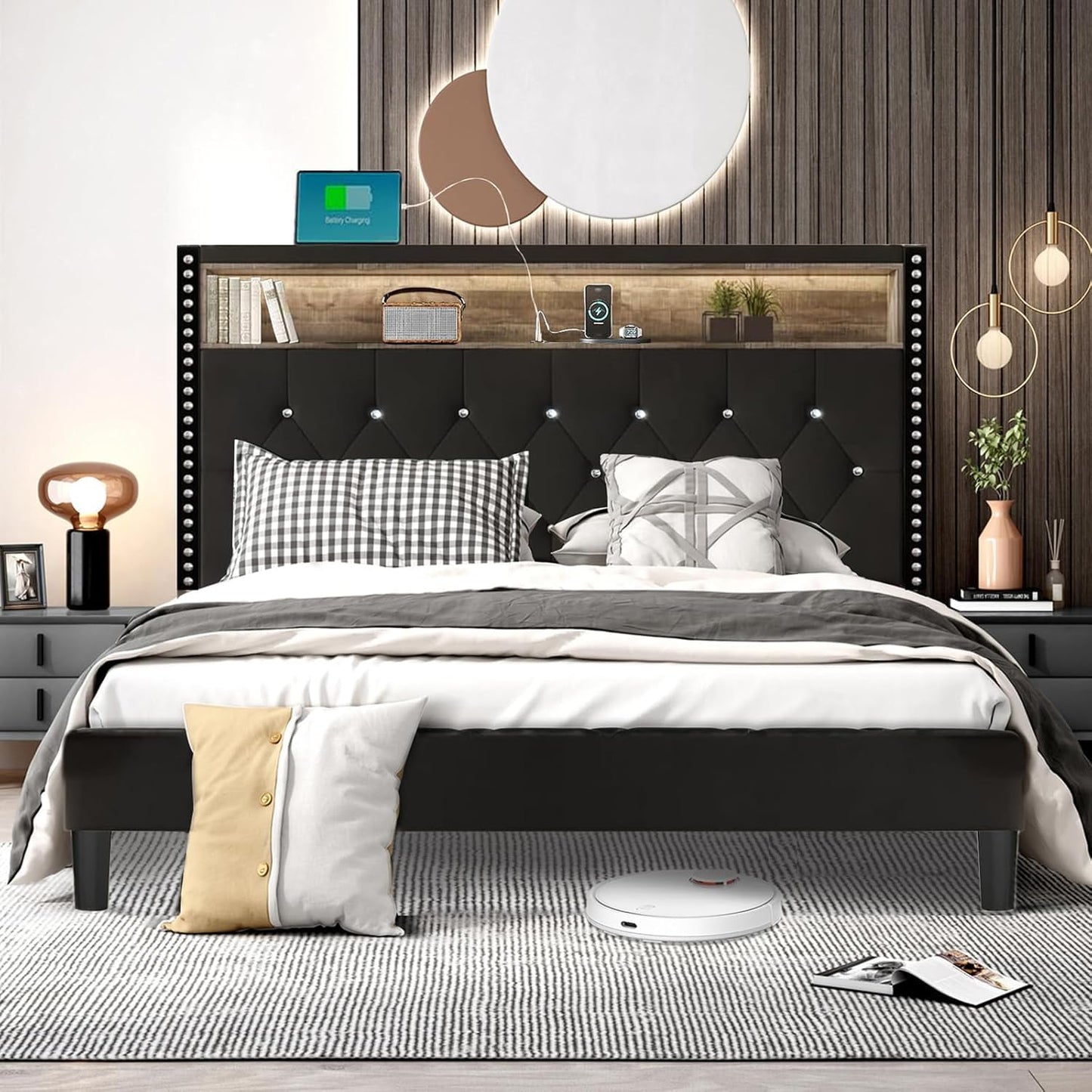 HOMBCK Queen Bed Frame with Charging Station and LED, Upholstered Platform Bed Frame Queen Size with Diamond Tufted Storage Headboard, Wood Slats Support, No Box Spring Needed, Easy Assembly, Black