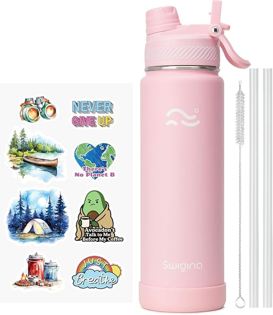 Swigina [2-IN-1 LID] Insulated Water Bottle with Silicone Boot (36hrs Cold/18hrs Hot) - DIY Stickers, Leakproof, BPA Free, 24 oz