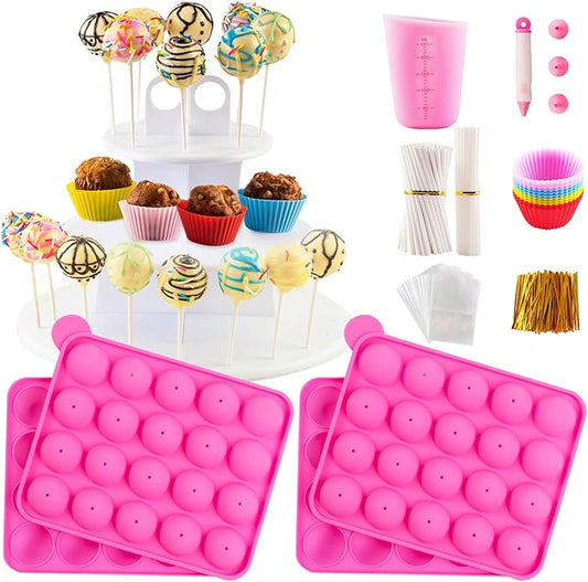 Cake Pop Maker Kit with 2 Silicone Mold Sets with 3 Tier Cake Stand, Chocolate Candy Melts Pot, Silicone Cupcake Molds, Paper Lollipop Sticks, Decorating Pen with 4 Piping Tips, Bag and Twist Ties