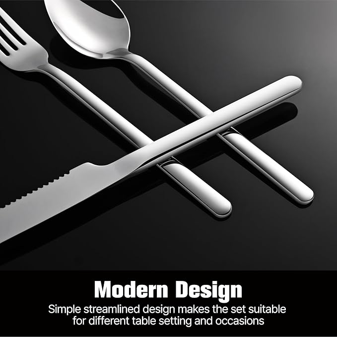 KINGSTONE 24-Piece Silverware Set with Steak Knives, Flatware Set for 4, Stainless Steel Tableware Cutlery Set for Home Restaurant, Mirror Finish,Modern Design