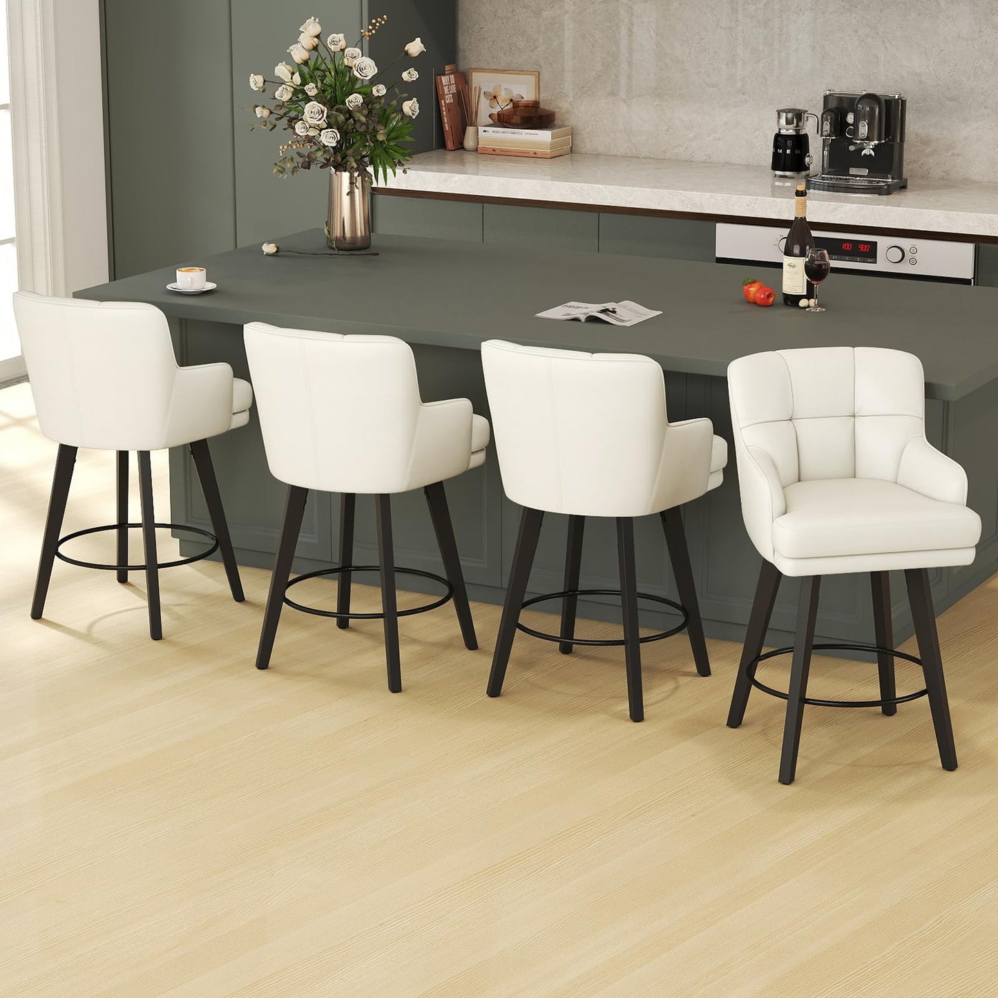 SAECKBERG 360°Swivel Counter Height Bar Stools with Back, 26 inch Solid Wood Legs, Bar Stool Modern Kitchen Island Chairs, Faux Leather (Antique White- Faux Leather, 26" H- Set of 4)